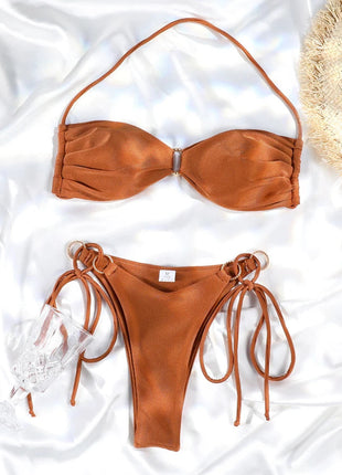 Set Bikini a Fascia da Donna con Pieghe, Costume da Bagno Sexy con Laccetti, Bikini Brasiliano con Bendaggio, Abbigliamento da Spiaggia platinumshop