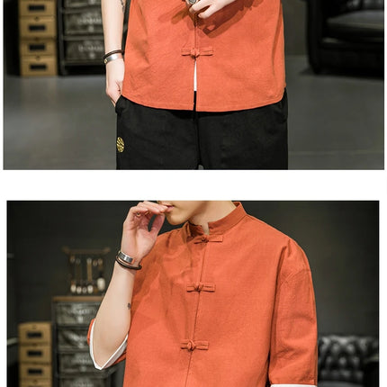Camicia stile giapponese da uomo estiva cinese colletto rialzato Yukata Kimono Samurai Indossare T-shirt color block Hanbok Cappotto casual