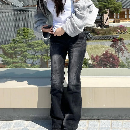 Karrram Vintage Distressed Low Waist Jeans Grunge Asymmetrical Waist Denim Pant Korean Fashion Black Flare Jeans Kpop Streetwear