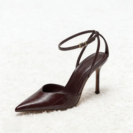 Designer Burgundy Red Ankle Strap Pumps Women Sexy Pointed-Toe Patent Leather High Heels for Ladies Elegant Party Dress Shoes PlatiNum