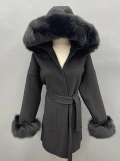 MISSJANEFUR Wool Coat with Real Fox Fur Collar Cuff Women Fashion Belted Cashmere Coats Warm Winter Hooded Trench Peacoat