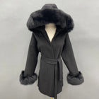 MISSJANEFUR Wool Coat with Real Fox Fur Collar Cuff Women Fashion Belted Cashmere Coats Warm Winter Hooded Trench Peacoat