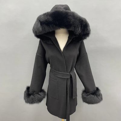 MISSJANEFUR Wool Coat with Real Fox Fur Collar Cuff Women Fashion Belted Cashmere Coats Warm Winter Hooded Trench Peacoat