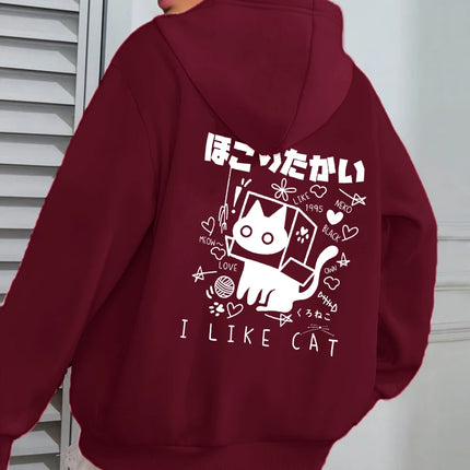 I Like Cat Heart Box Cat Print Women Hoody Autumn Fleece Hoodies Jogging Loose Streetwear Casual All-Match Female Hoodie