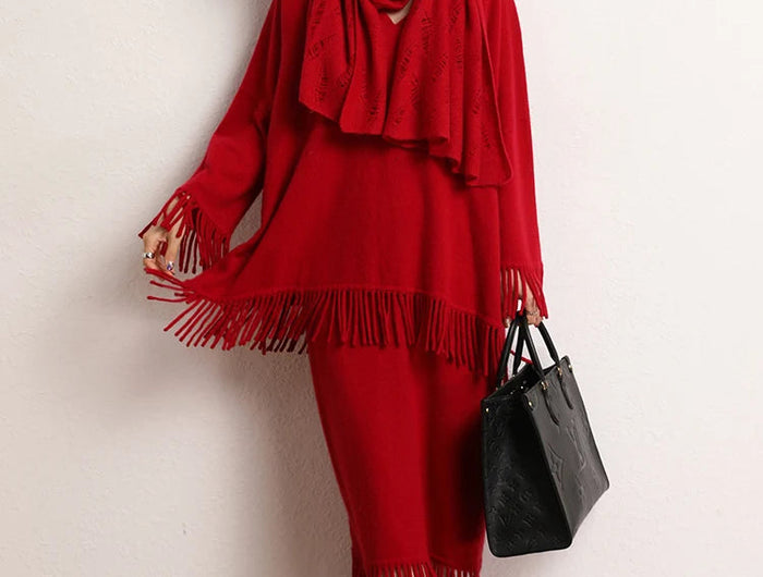 Women's Tassels Long Skirts Autumn Winter 100% Cashmere Knitwear Soft Warm Retro Casual Clothing Versatile Hide Fat Make Slim PlatiNum