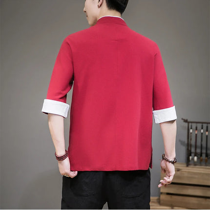 Camicie con ricamo gru Abbigliamento tradizionale cinese vintage Mezza manica da uomo in lino Solido colletto Madarin Cardigan Hanfu Kungfu