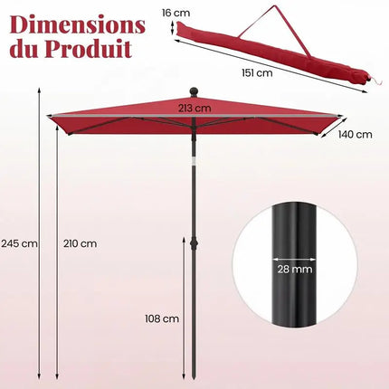 213×140cm Rectangular Patio Umbrella with 30° Push Button Opening, Portable Outdoor Umbrella with 2-Section Tilting Design and Carry Bag