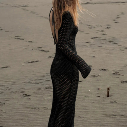Abito lungo a maniche lunghe con scollo a V con bottoni in metallo cavo stile moda Abito lungo con grembiule da spiaggia per vacanze estive platinumshop