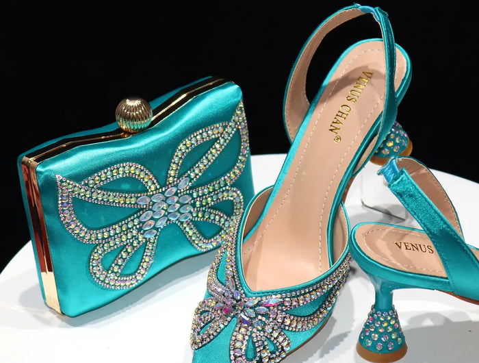 Venus Chan New Elegant Green Bling Bow décolleté con punta a punta per le donne 2024 Party italian strass scarpe e borse set coordinato