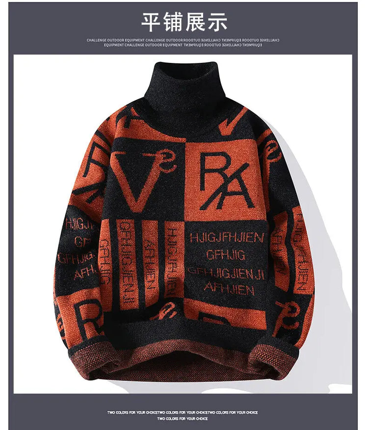 2024 Winter men's flower pattern Sweaters thick O-neck sweater men youth autumn Men's Turtle neck wool Casual Knitwear Pullover