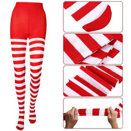maveraCCüm | Christmas Stockings Red Green Striped Tights Stretchy Leggings Y2K Party Costume Knit Knee High Socks