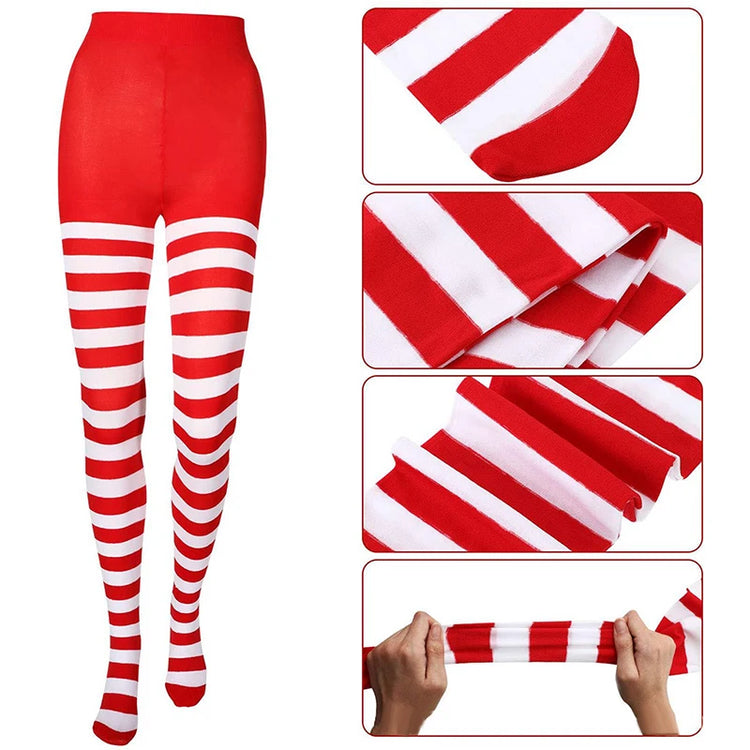 maveraCCüm | Calze natalizie Collant a righe rosso verde Leggings elasticizzati Costume da festa Y2K Calzini lunghi al ginocchio lavorati a maglia