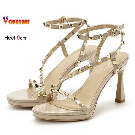 Sandali Estivi da Donna con Rivetti Colorati, Punta Tonda, Tacco Sottile 9cm, Cinturino alla Caviglia, Fascia Stretta Dritta, Scarpe Eleganti da Donna platinumshop