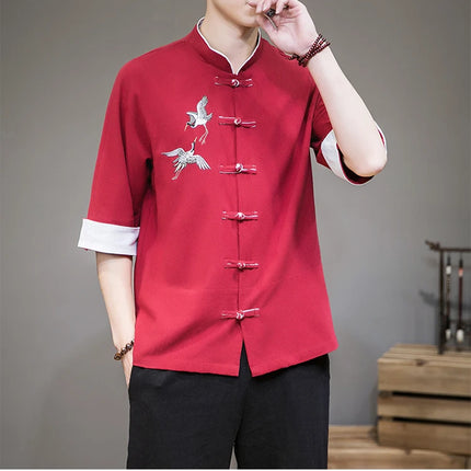 Camicie con ricamo gru Abbigliamento tradizionale cinese vintage Mezza manica da uomo in lino Solido colletto Madarin Cardigan Hanfu Kungfu