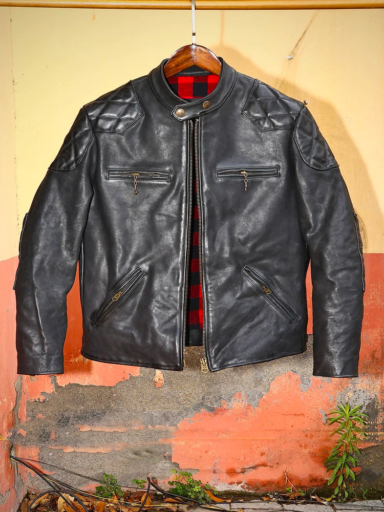 Genuine Leather Jacket Men Black Biker Coat Warm Windproof Snap Collar Zip Pockets Vintage Motorcycle Jacket Autumn Winter