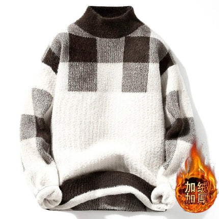 2023 Winter/Autumn Mink velvet High-Quality Fashion Trend Plaid Pattern Sweater Men Casual Loose Warm Sweaters Men Comfortable