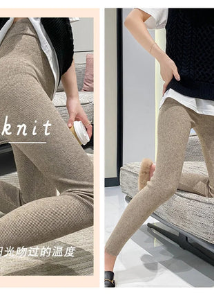 Autumn Winter Women Wool Thickening Leggings High Waist Ribbed Vertical Stripe Casual Knitted Leggings Warm Wear out Pantyhose PlatiNum