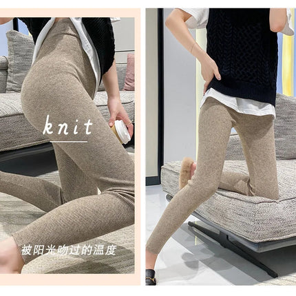 Autumn Winter Women Wool Thickening Leggings High Waist Ribbed Vertical Stripe Casual Knitted Leggings Warm Wear out Pantyhose PlatiNum