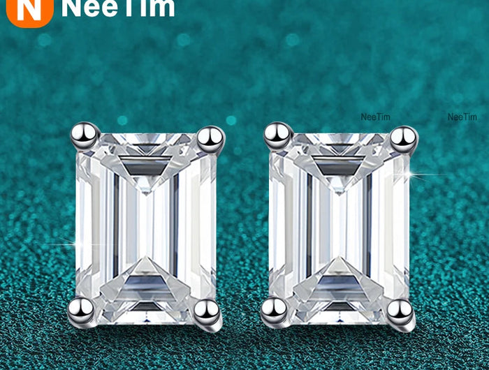 NeeTim 0.5CT 1CT 2CT Emerald Radiant Cut Moissanite Studs Earrings for Women Lab Diamond 925 Sterling Silver Earring Jewelry PlatiNum