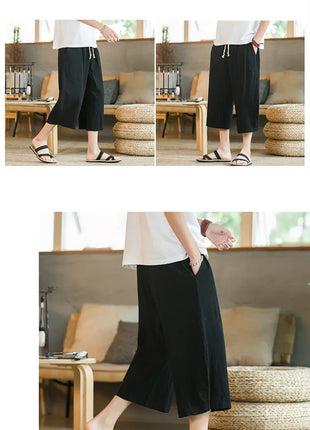 Pantaloni di lino da uomo in stile cinese Pantaloni a gamba larga da uomo con cavallo basso Pantaloni da uomo HipHop Pantaloni al polpaccio Pantaloni da pista Streetwear