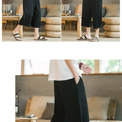 Pantaloni di lino da uomo in stile cinese Pantaloni a gamba larga da uomo con cavallo basso Pantaloni da uomo HipHop Pantaloni al polpaccio Pantaloni da pista Streetwear