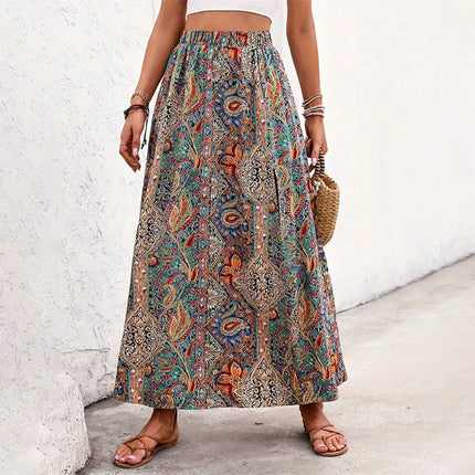 Gonna Lunga Vintage Bohemien con Stampa Etnica da Donna, Gonna Estiva Casual a Vita Alta 2026, Elegante Gonna Boho a Trapezio con Spacco e Pieghe