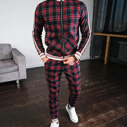 2025 Men Tracksuit 2pc Set Gym Hiking Plaid Zipper Hoodie Cargo Pants Autumn Athleisure Outfit Fleece Jogger Sportswear PlatiNum