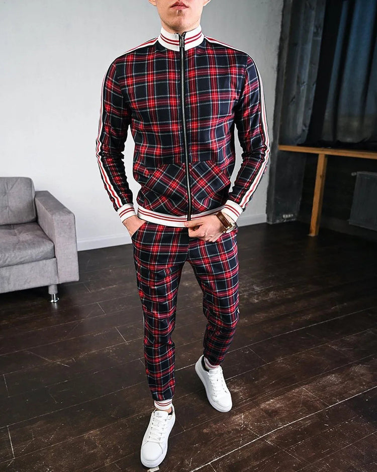 2025 Men Tracksuit 2pc Set Gym Hiking Plaid Zipper Hoodie Cargo Pants Autumn Athleisure Outfit Fleece Jogger Sportswear PlatiNum