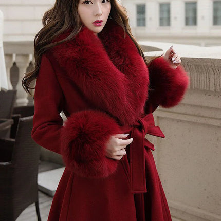 Women Fashion Long Luxury Overcoat Female Winter Coats Fur Collar Warm Elegant Thicken Solid Colo Woolen Jackets Abrigos Mujer