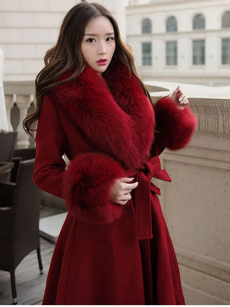 Women Fashion Long Luxury Overcoat Female Winter Coats Fur Collar Warm Elegant Thicken Solid Colo Woolen Jackets Abrigos Mujer