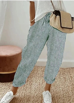 Pantaloni casual con coulisse in vita elastica stampata a righe larghe alla moda da donna europea e americana transfrontaliera estiva platinumshop