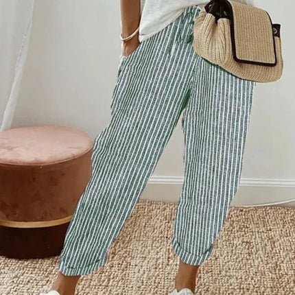 Pantaloni casual con coulisse in vita elastica stampata a righe larghe alla moda da donna europea e americana transfrontaliera estiva platinumshop