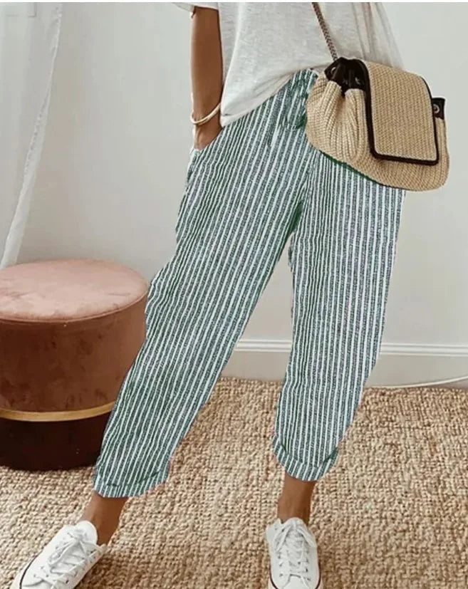 Pantaloni casual con coulisse in vita elastica stampata a righe larghe alla moda da donna europea e americana transfrontaliera estiva platinumshop