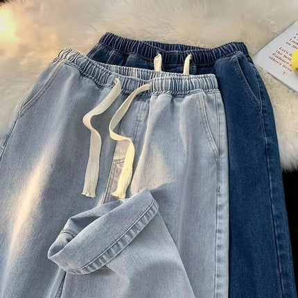 Loose Fit Men's Elastic Waist Jeans with Rope 9-Tenths Straight Leg Korean Style Trendy Versatile Large Size Nine-Piece Pants PlatiNum