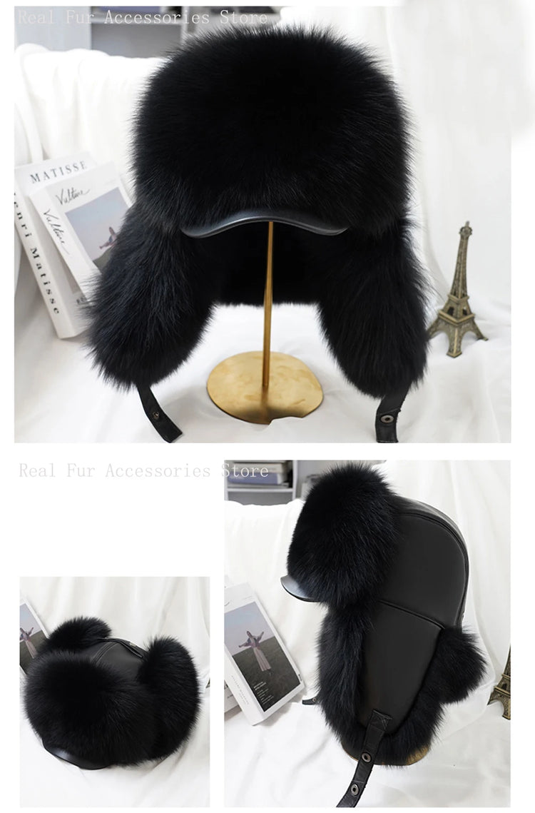 New Winter Men's 100% Real Silver Fox Fur Bomber Hat Raccoon Fur Ushanka Cap Trapper Russian Man Ski Hats Caps Real Leather