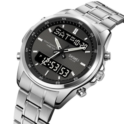 Skmei orologio da polso analogico al quarzo da uomo cinturino in acciaio inossidabile di lusso Led impermeabile digitale sportivo sveglia a tre fusi orari platinumshop