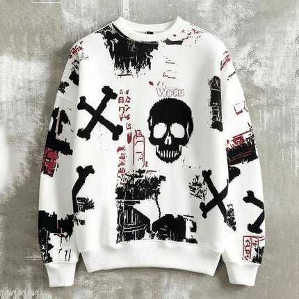 Men's Skull Print Sweatshirt Street Style Retro Graffiti Fashion Pullover Autumn Harajuku Style Casual Loose Crew Neck Top
