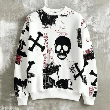 Men's Skull Print Sweatshirt Street Style Retro Graffiti Fashion Pullover Autumn Harajuku Style Casual Loose Crew Neck Top