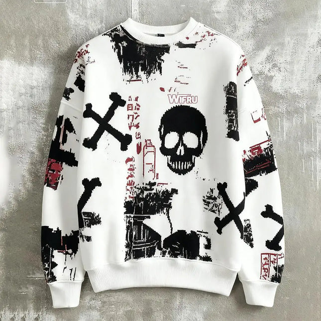 Men's Skull Print Sweatshirt Street Style Retro Graffiti Fashion Pullover Autumn Harajuku Style Casual Loose Crew Neck Top