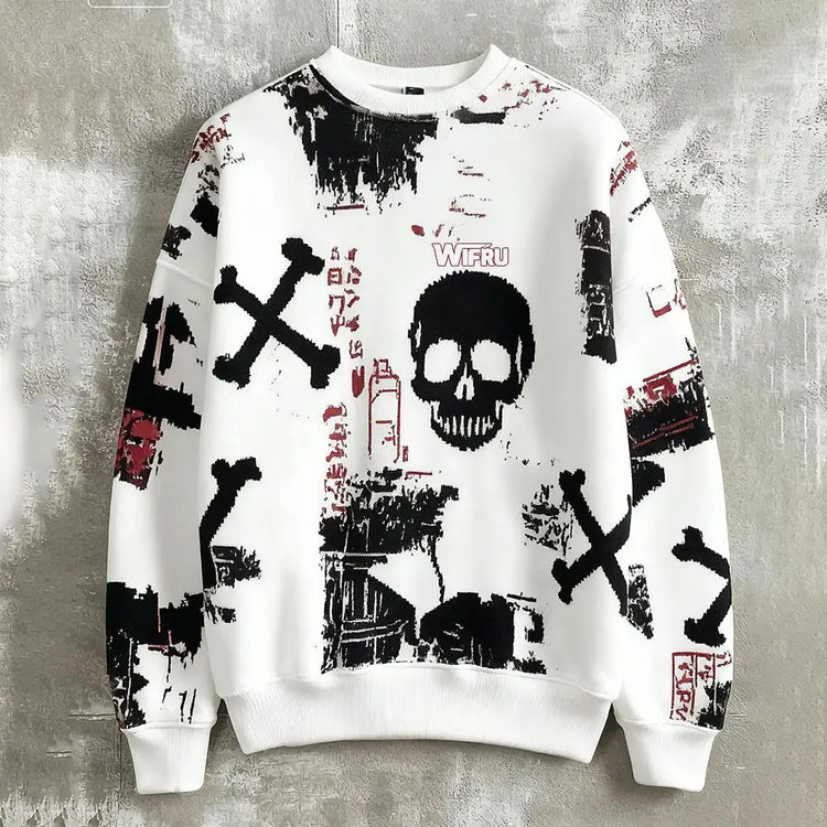 Men's Skull Print Sweatshirt Street Style Retro Graffiti Fashion Pullover Autumn Harajuku Style Casual Loose Crew Neck Top