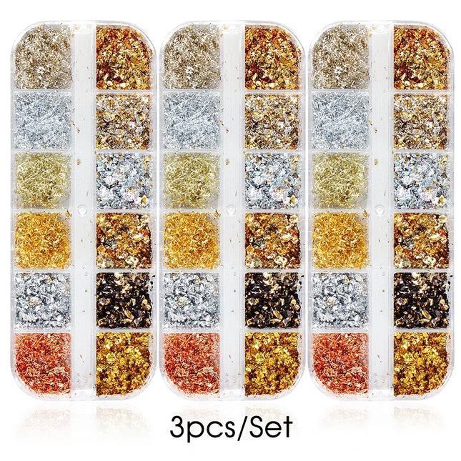 12 Color Gold Foils Gorgeous Nails Glitter Random Aluminum Flakes Paillette Chip Nail Design Shinny Sparkles Nail Art Decoration 2028