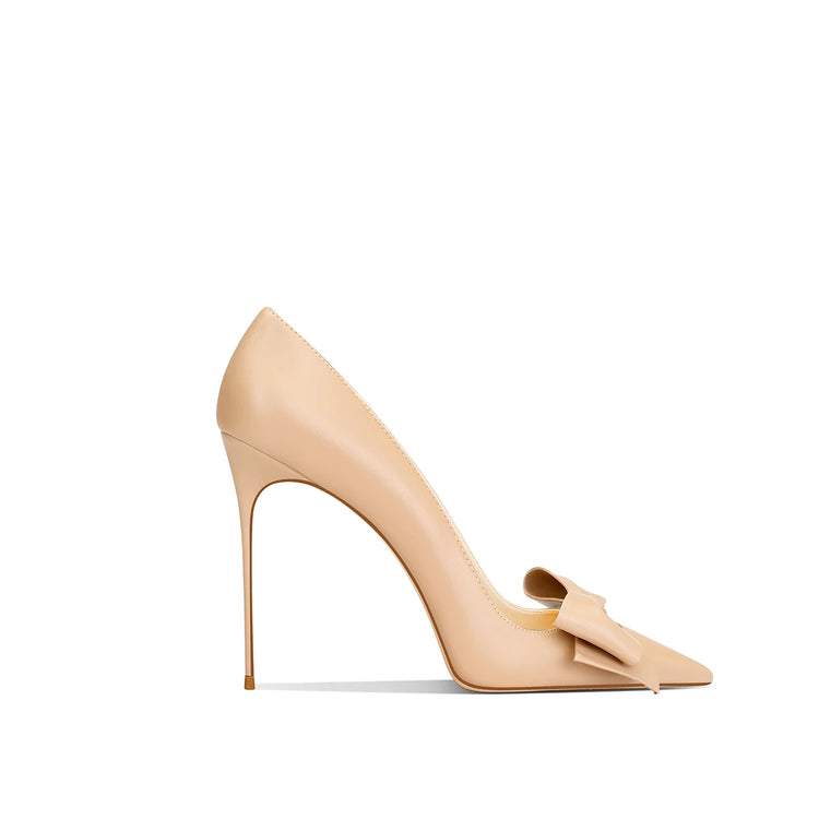 Eleganti scarpe con tacco a spillo a punta con fiocco beige da donna in vera pelle 2025 autunno