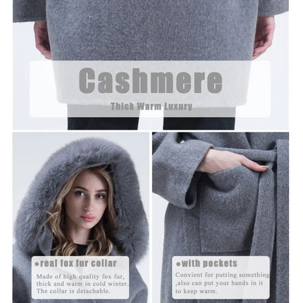 MISSJANEFUR Wool Coat with Real Fox Fur Collar Cuff Women Fashion Belted Cashmere Coats Warm Winter Hooded Trench Peacoat