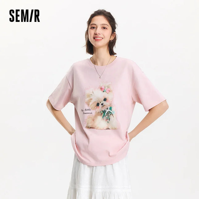 Women's Semir Long T-shirt with Bow, Loose Cotton Fit, New Summer Collection 2025, Cute Graphic Top for Teen Girls