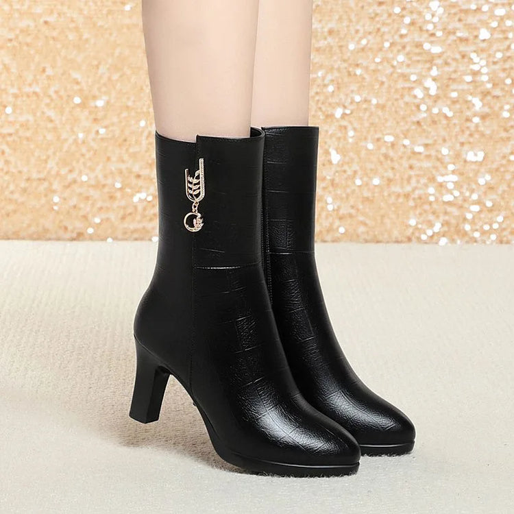 Women's Mid-calf Boots Temperament Pointed High Heeled Boots High Quality Casual Leather Boots for Women Plush Warm Winter Boot