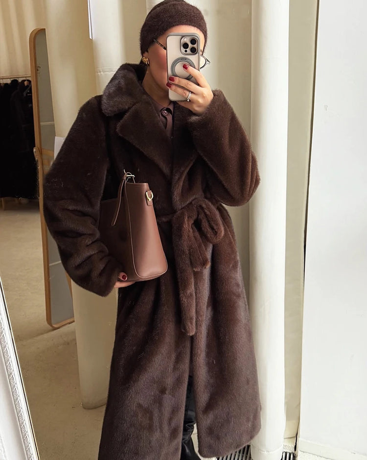 ZADORIN 110cm Long Lapel Belted Brown Faux Fur Coat Woman Elegant Mink Fur Faux Coat Fluffy Fur Jackets for Woman Winter Clothes