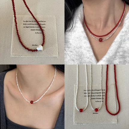 Minar French Silver Water Wave Chain Red Agate Beads Heart Beaded Pendant Necklaces for Women Gold Silver Plated Sweater Chain PlatiNum