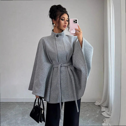 Elegant Stand Collar Tie Waist Cape Design Wool Coat, Coats for Women Spring Summer Outerwear with Chic Overcoat Style