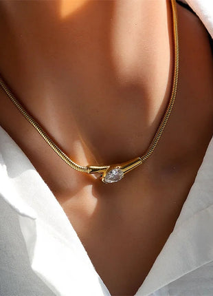 GANEMLY 316L Stainless Steel Snakehead Shining Zircon Necklace Trendy Neck Chain Choker Collar Waterproof Jewelry For Women PlatiNum
