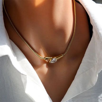 GANEMLY 316L Stainless Steel Snakehead Shining Zircon Necklace Trendy Neck Chain Choker Collar Waterproof Jewelry For Women PlatiNum